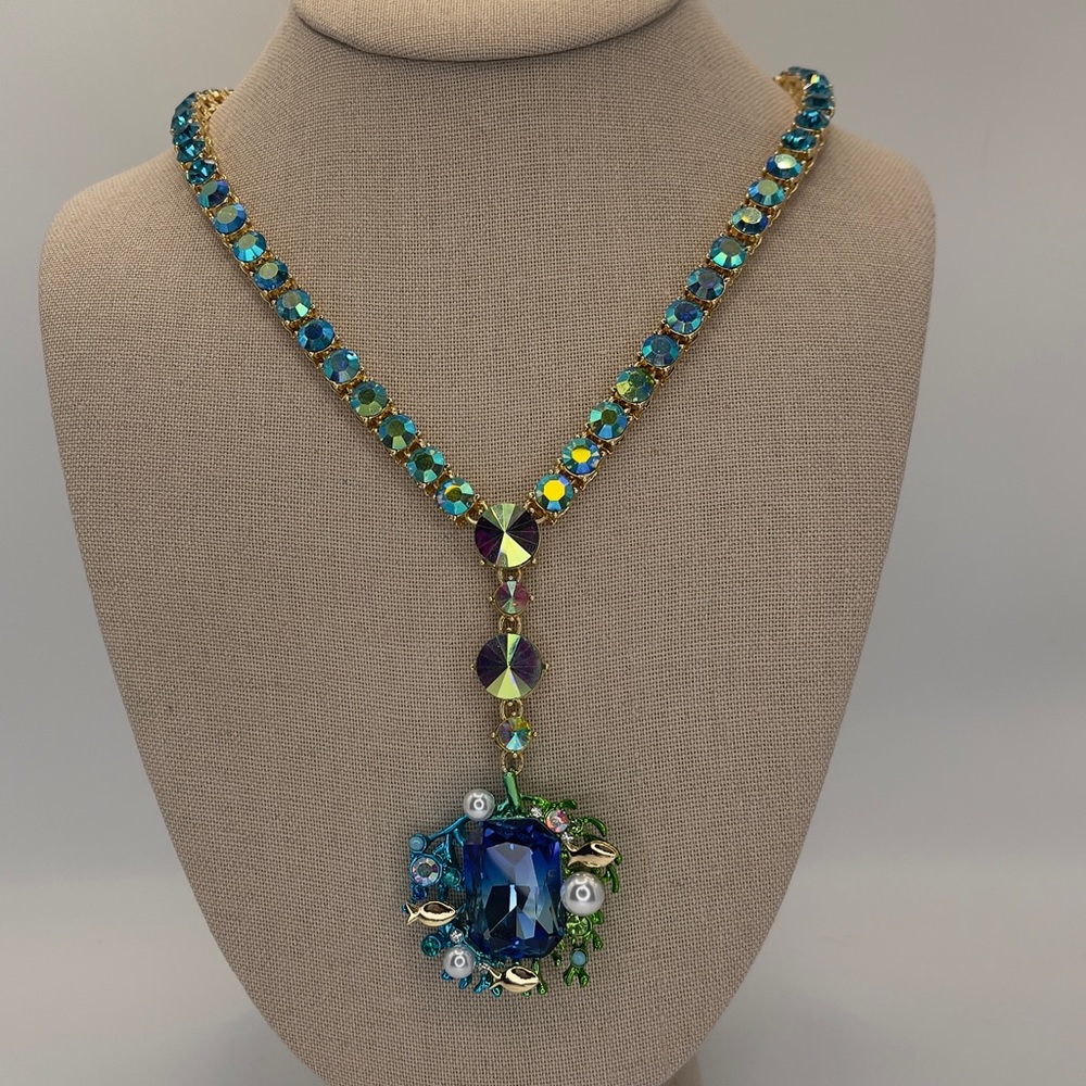 Betsey Johnson Mermaid Jewels Blue Crystal Rhinestone Sealife Y Drop Necklace